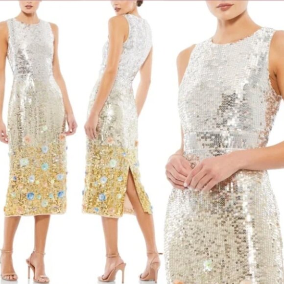 MAC DUGGAL 10691 HIGH NECK FLORAL 3D ACCENTS SILVER MULTI DRESS sz 8 - Picture 1 of 7